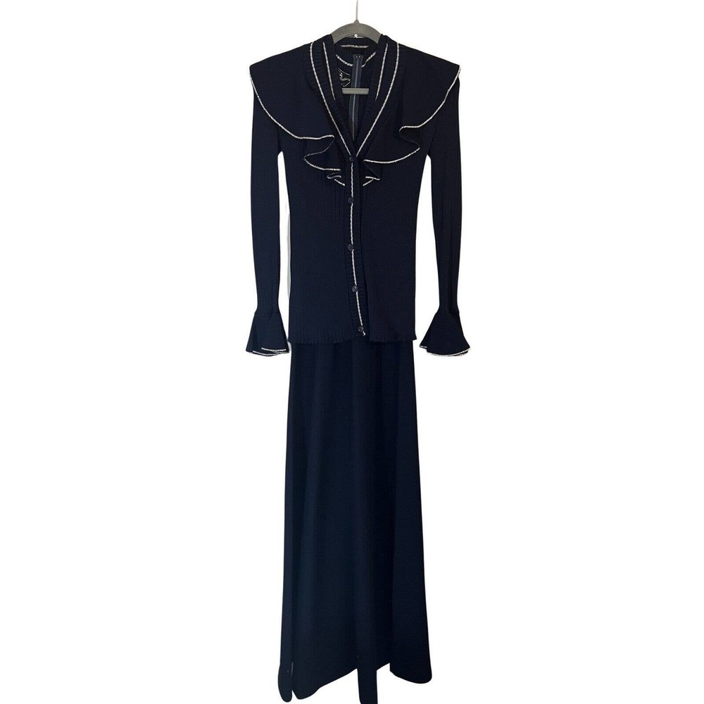 1970s Crissa Linea Italiana Women's Blue Maxi‎ Dress & Cardigan w Silver Lame